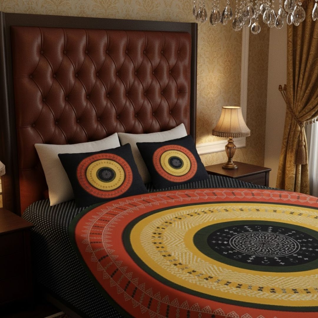 Double Bedsheet Black Red With Round Shape Bandhej Print
